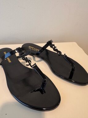 Saint Laurent Black Patent Leather Logo T-Strap Sandals